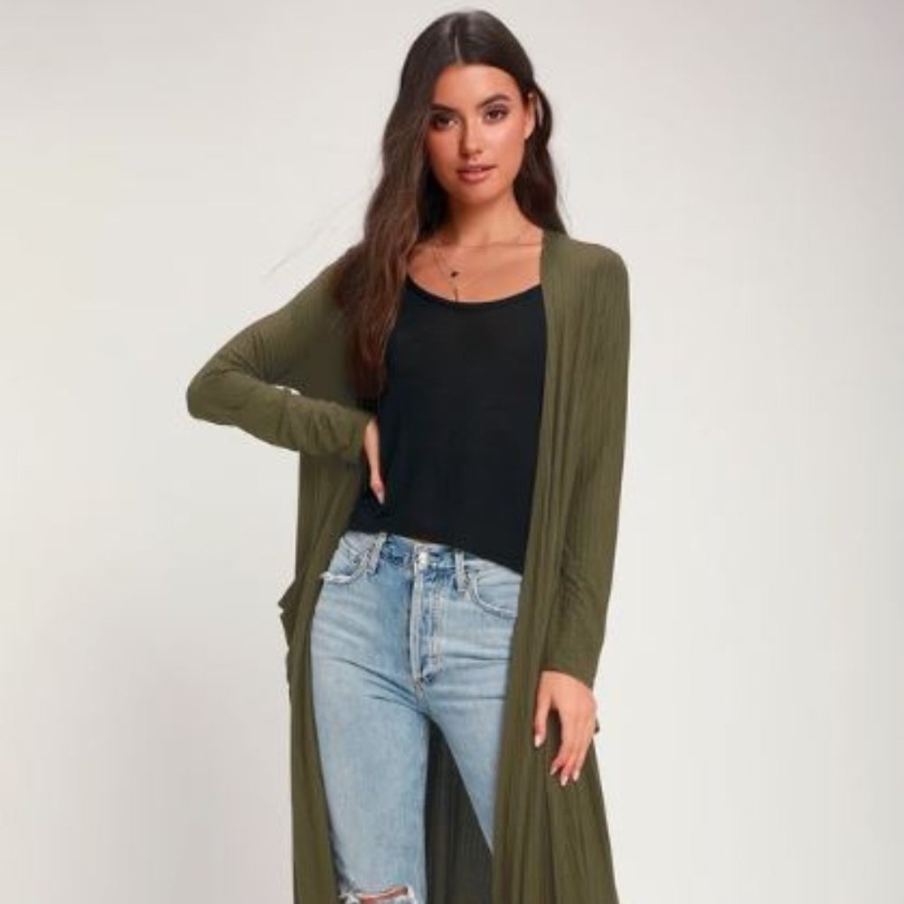 Olive Green Ribbed Duster Cardigan Sweater